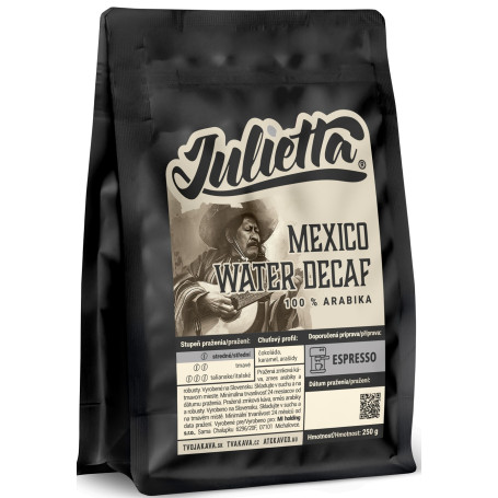 Julietta Mexico water decaf – zrnková bezkofeinová káva 250 g – přední strana balení