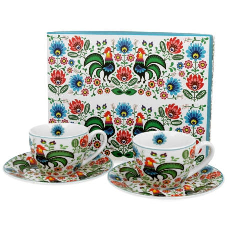 Souprava dvou espresso šálků a podšálků Kohouty Folk a jejich dárková krabička.