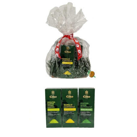 Dárkový bylinný balíček Eilles Tea Deluxe (3 druhy) zabalený v celofánu s mašlí a ozdobou.