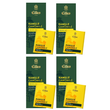 Eilles Tea heřmánkový čaj multipack, detail čtyř žlutých krabiček 4 × 25 ks (100% heřmánek).