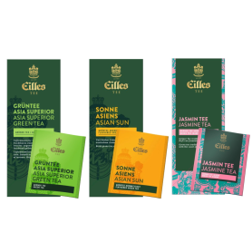 Eilles Tea Deluxe balíček zelených čajů, zobrazeny tři různé krabičky (Asia Superior, Asian Sun, Deluxe Jasmine).