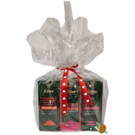 Dárkový balíček ovocných čajů Eilles Tea Deluxe (3 druhy) zabalený v celofánu s mašlí a ozdobou - alternativa 2