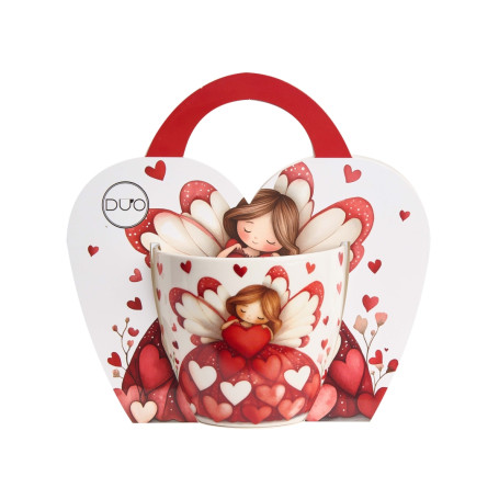 Porcelánový šálek Víla s motivem dívky v červených šatech v dárkovém balení.