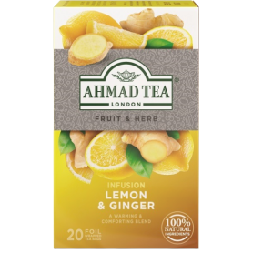 Krabička bylinného čaje Ahmad Tea Ginger & Lemon 20 x 2 g.