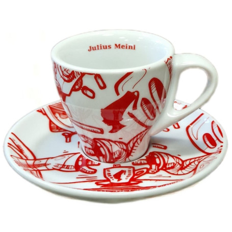 Julius Meinl Jubilejní espresso šálek s podšálkem s červeným uměleckým potiskem.