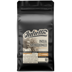 Přední strana balení: Julietta India Monsooned čerstvě pražená zrnková káva 1 kg